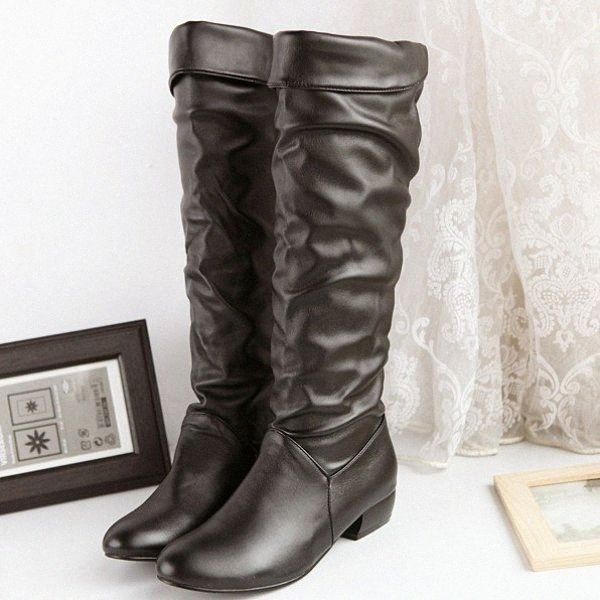 

vogue nice big size fashion knee high women boots winter pointed toe female long boots pu leather rubber high heels e741#, Black