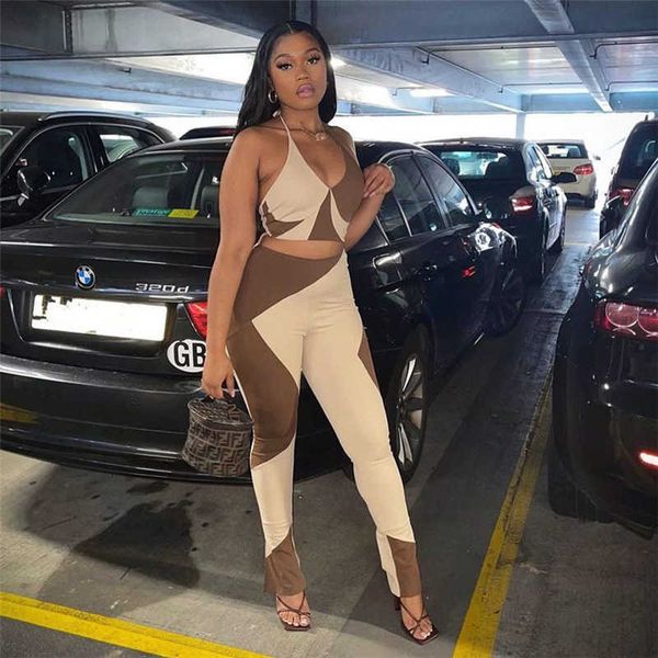 

quanrun 2 piece set fashion women contrast color tracksuits halter bra+high waist long pants party club streetwear spring 210604, White