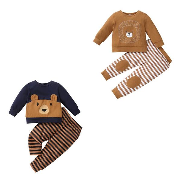 

clothing sets little boys t-shirt and trousers suit cartoon bear printed long sleeve pullover striped pants, 6months-3years, White