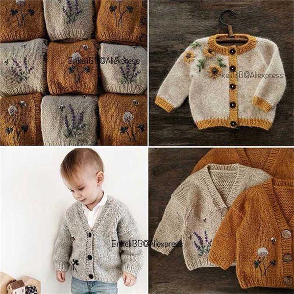 EnkeliBB Cardigan lavorato a mano con margherite per ragazzo e ragazza Abiti primavera-inverno Cappotti di lana per bambini Moda stile vintage Top per bambini 211106