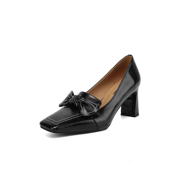 

sandals friczot leather heels ladies square head bowbow classic office wedding shoes plus size 7cm, Black