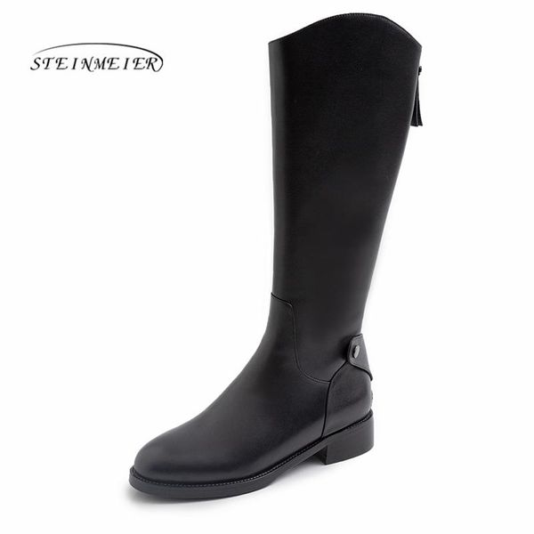 

boots steinmeier long women genuine cow leather round toe zipper closure knee high winter fashion lady shoes handmade, Black