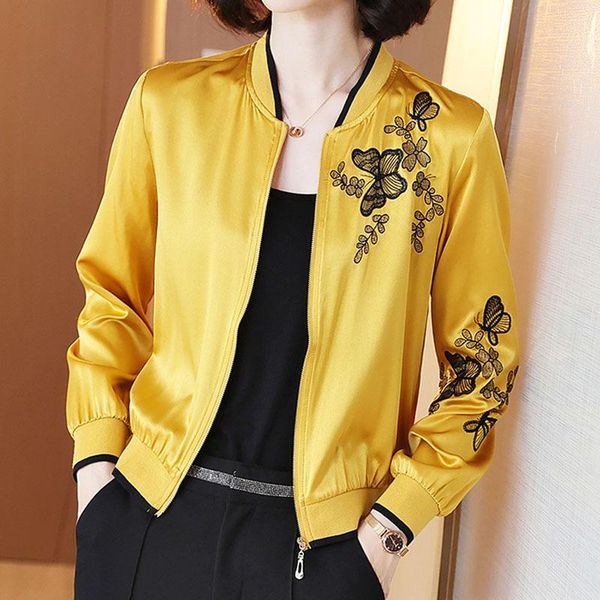 

women's jackets short jacket 2021 spring high-end foreign fashion embroidered silk blouse baseball uniform winter coat women, Black;brown