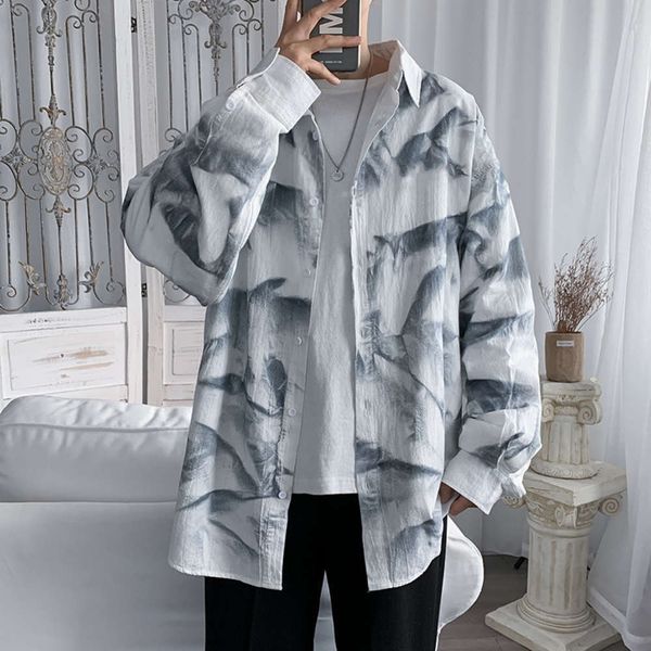 

spring long sleeve versatile korean fashion hong kong style tie dyed shirt coat men, White;black