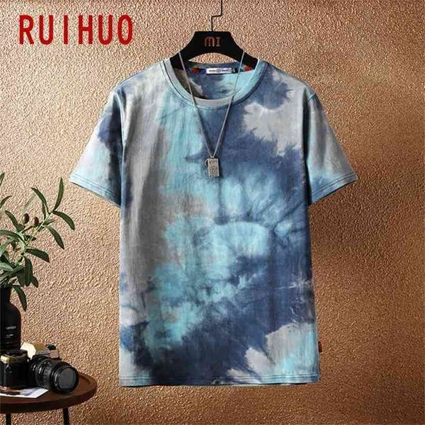 Ruihuo Kravat Boya Kısa Kollu erkek T-Shirt Moda Streetwear Erkekler Için Hip Hop T Gömlek Tshirt Japon Giyim Adam M-5XL 210716