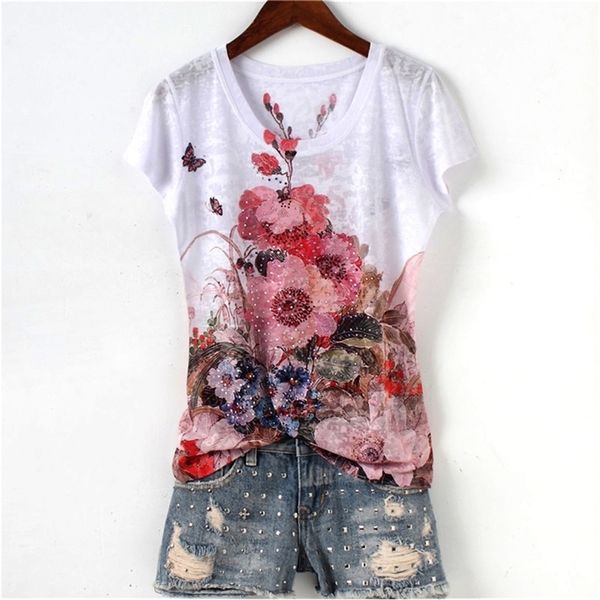 

fashion drilling floral double print slim t shirt women new arrival o-neck short sleeve plus size -5xl 210315, White