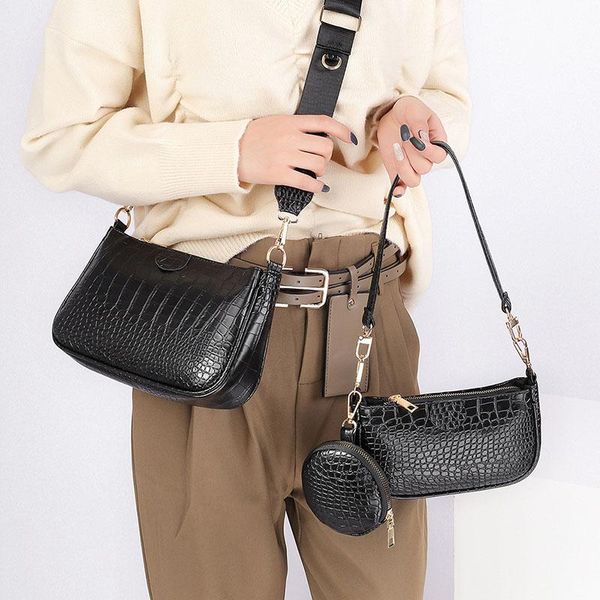 

cross body vintage chain handbags women designer wide shoulder strap crossbody bag luxury leather bags lady small wallet 3 set