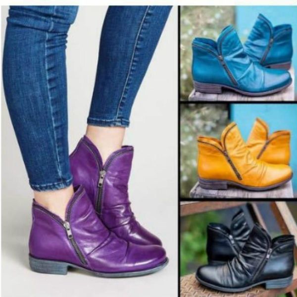 

boots women's casual shoes low heel ankle leather zipper size 36-43, Black