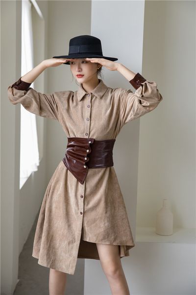 

2021 new corduroy tunic asymmetrical brown shirt women long sleeve button up collar corset mini designer belt ggxk, Black;gray