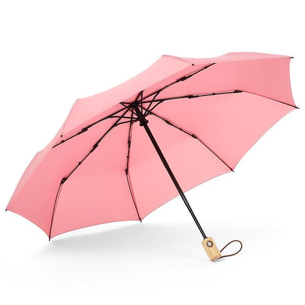

umbrellas macaron automatic umbrella solid wood handle retro men women tri-fold business sunny and rainy