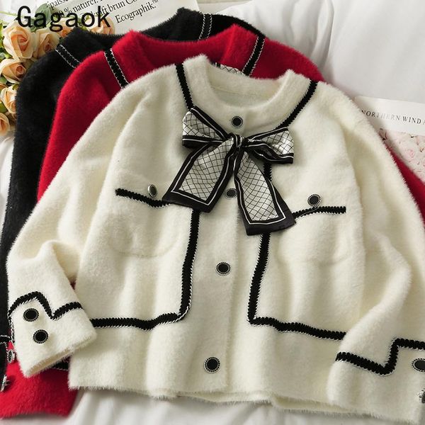 

women's knits & tees gagaok patchwork cardigans women 2021 spring autumn vintage o-neck bow knit warm sweaters slim outwear sweet chic, White