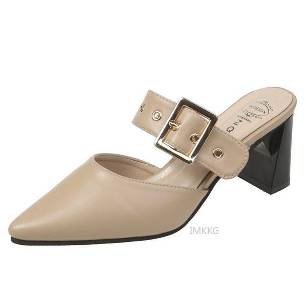 

slippers mule womens closed leather 2021 baotou half woman fashion pointed toe slip on belt buckle high heel retro shoes, Black
