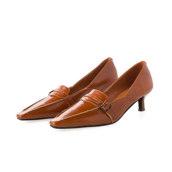 

dress shoes 2021 spring women's pumps genuine leather square toe slip-on women large size 43 thin heels concise party, Black