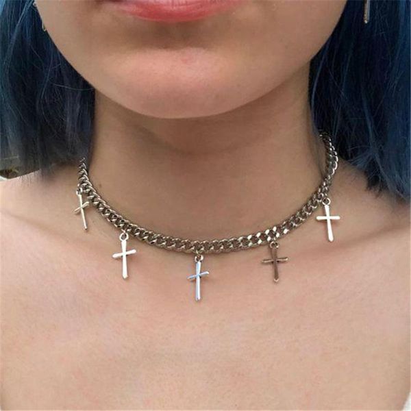 

chokers trendy simple silver color geometric cross tassel pendant necklaces punk jewelry clavicle chain choker for women, Golden;silver