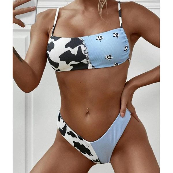

women's swimwear summer women ladies patchwork suspenders cow printed two piece bikini set swimsuit bathing suit maillot de bain femme#, White;black