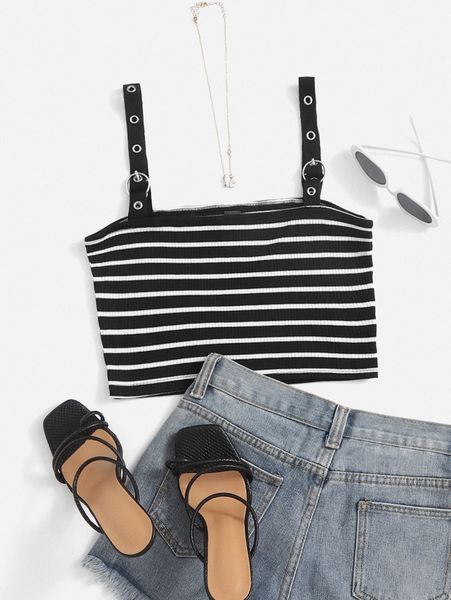 

striped grommet eyelet cami crop t6s3#, White