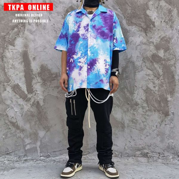 

tkpa trendy tie dye graffiti print short sleeve shirt men and women hip hop street loose hawaiian half sleeve shirt trendy, Tan;black