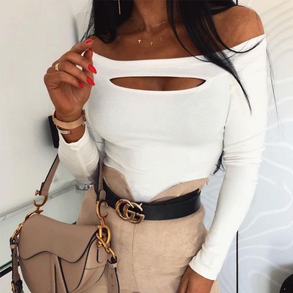 

women off shoulder shirts solid color hollow long sleeve bandage fashion blouse new streetwear female slim clothing, White