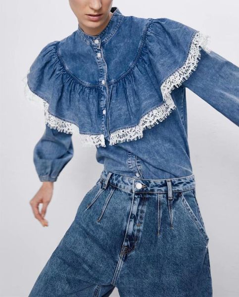 

women's blouses & shirts spring 2021 women lace stitching pleated ruffles denim shirt office lady wear long sleeve jeans chic button ch, White