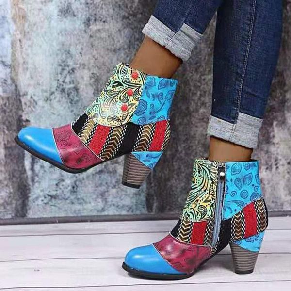 

boots 2021 women ethnic style short ladies slip on side zipper color splicing classic shoes pointed toe footwear size 35-43, Black