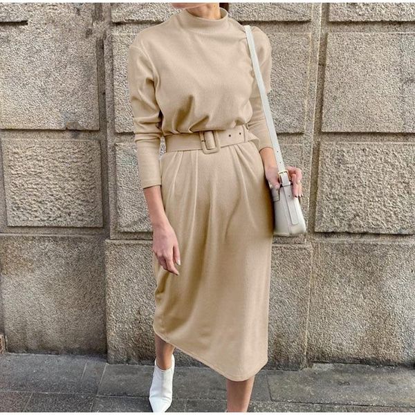 

casual dresses women's turtleneck midi dress with belt autumn winter long sleeve elegant female party nice christmas vestido, Black;gray