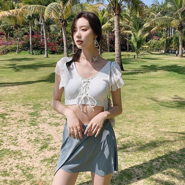 

one-piece suits may plus size female beach swimsuit women two piece swim costume 2021 split neck lace long sleeve pleated skirt print