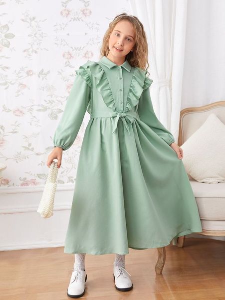 

girls bishop sleeve ruffle trim belted dress she, Red;yellow