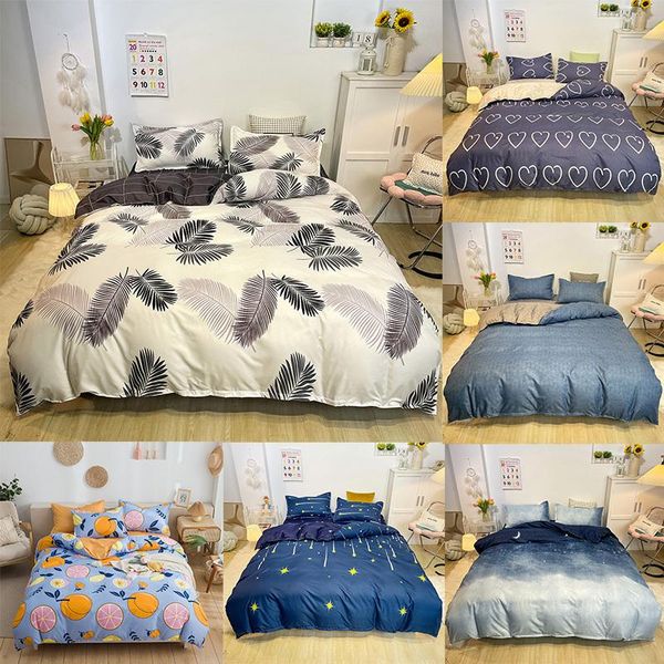

bedding sets 4 pcs cotton feather printing duvet cover set plain dyed plaid elastic fitted sheet soft single  quilt pillowcases