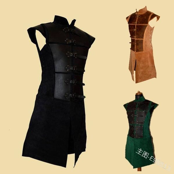 

new stand collar sleeveless leather button neutral medieval renaissance stage wear, Gray;blue