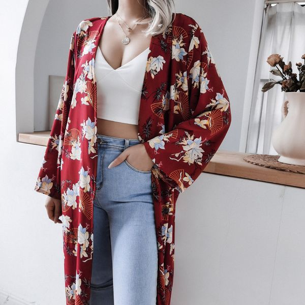 

women's blouses ins wind real strumpet sleeve floral casual chiffon sunscreen shirt beach blouse, White