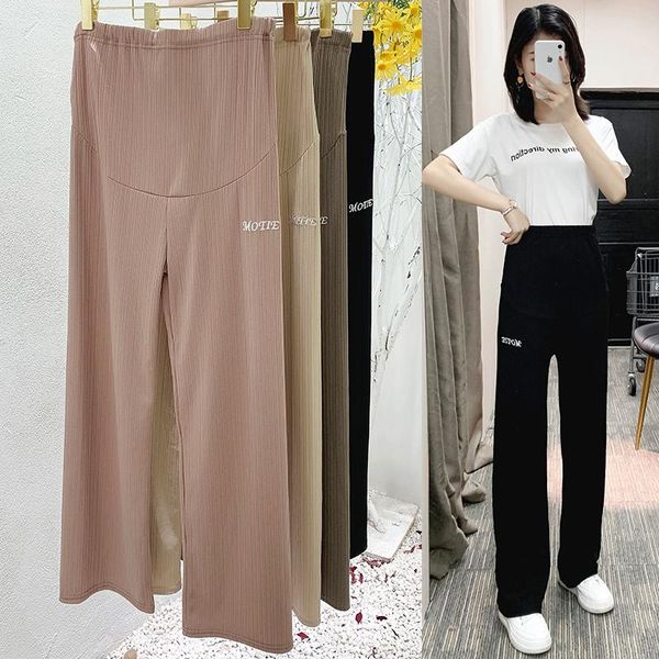 

6061 spring summer thin maternity full long pants wide leg loose straight pants for pregnant women elastic waist belly pregnancy, White