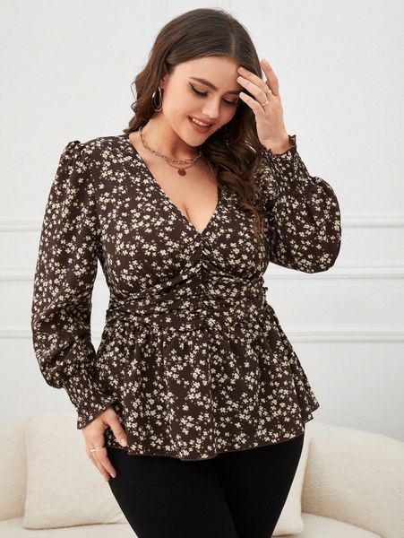 

plus ditsy floral print ruched shirred cuff peplum blouse b1ig#, Black