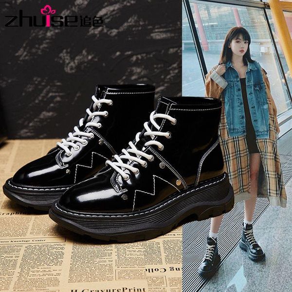 

boots trendy street net red british style thick-soled mid-cut women's high-gloss leather, Black