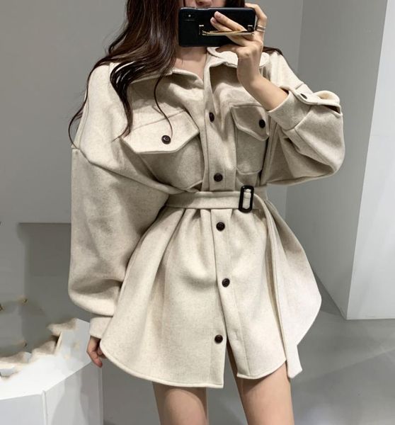 

korean style chic autumn spring women's lace up waist bubble sleeve elegant woolen coat, Black