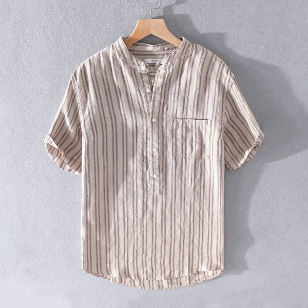 

2021 new style striped casual pure linen brand short sleeve stand collar shirts for men loose retro shirt mens chemise t7bx, White