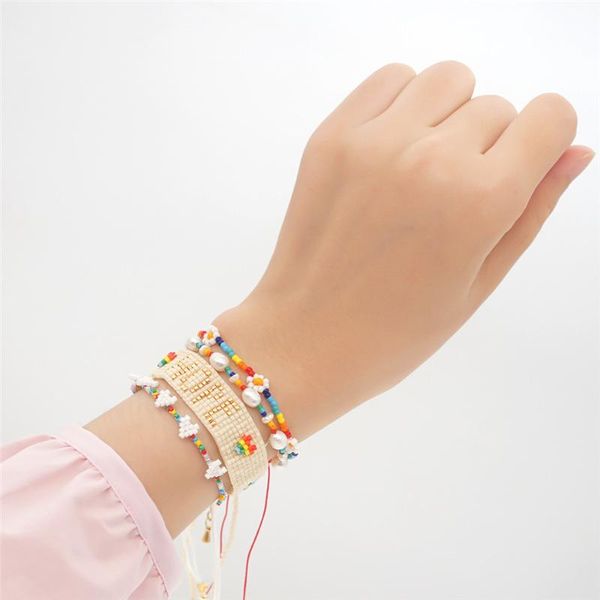 

beaded, strands fashion boho fresh summer rainbow flower seed beads bracelet for women braided rope pearl beaded miyuki bracelets female jew, Black