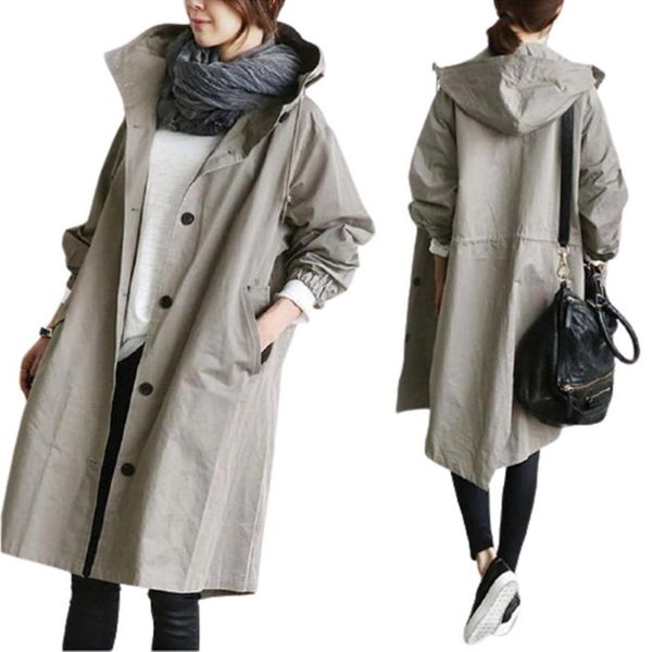 

women's trench coats casual women windbreaker fashion fall winter mid-length hooded vintage single-breasted pocket red overcoat, Tan;black