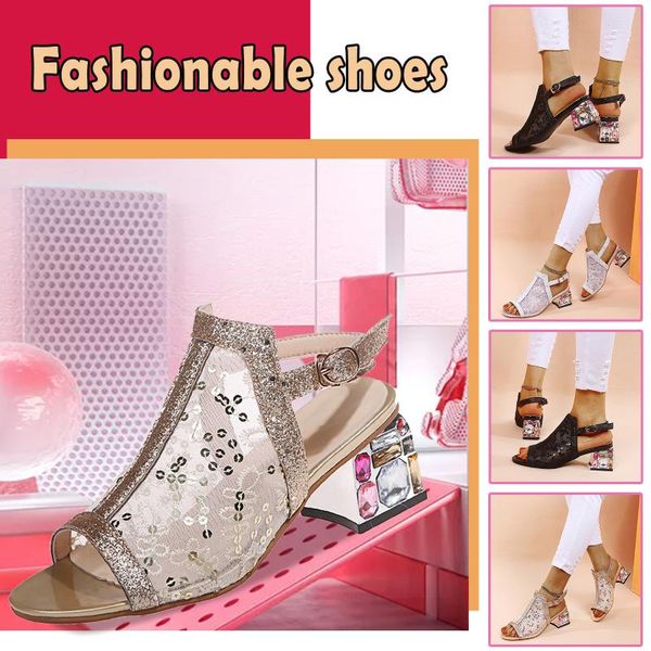 

sandals shoes women's colorful mesh fish mouth rhinestone heel high buckle boho summer, Black