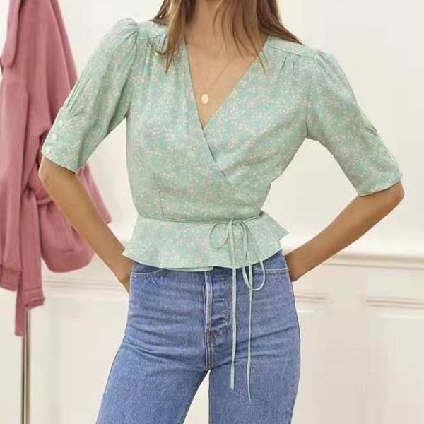 

women's blouses & shirts ladies floral shirt half sleeve v-neck casual wild lace-up elegant temperament women blouse 2021, White