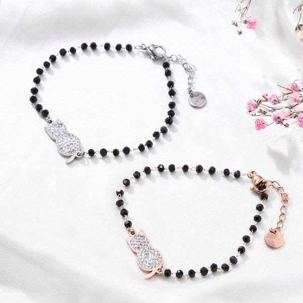 

charm bracelets stainless steel cute cat cz for women black crystal beads chain bracelet female fashion jewelry gift 2021, Golden;silver