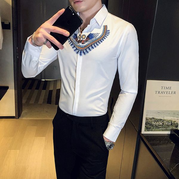 

men club elegant tuxedo impression long sleeve shirt 2021 korean thin casual fit blouse homme streetwear 3xl-m veoi, White;black