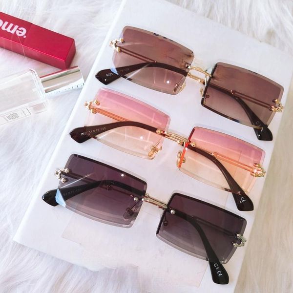 

sunglasses 2021 fashion rimless women trendy small rectangle sun glasses summer style uv gold brown shades for men, White;black