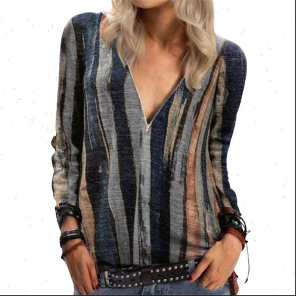 

women 4xl 5xl autumn plus size tie dye striped t shirt long sleeve v neck zipper loose casual tee, White