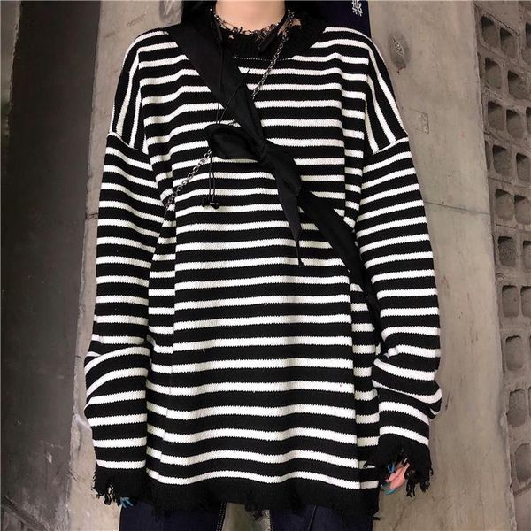 

women's sweaters 2021 vintage striped sweater harajuku women autumn korean knit pullover oversized streetwear ripped jumper outwear fas, White;black