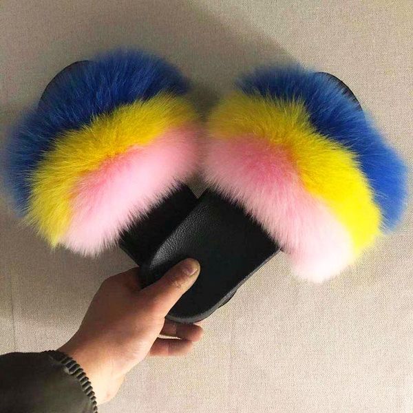 

slippers all seasons real fur women slides beach sandals fluffy flip flops ladies shoe, Black
