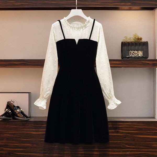 

large size women's 2021 spring new fat sister show thin french cover belly foreign style age reducing temperament velvet dress, Black;gray