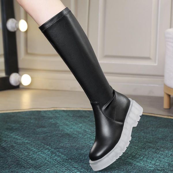 

boots jelly-soled stretch women's genuine leather knee high transparent thin legged knight shoes woman platform bota, Black