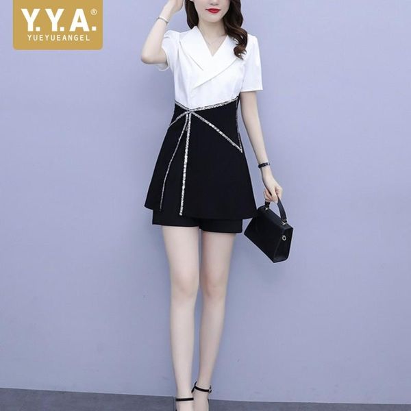 

women's tracksuits summer office lady spliced suit collar long shirts elastic waist shorts 2 piece set plus size 5xl mixed color short, Gray