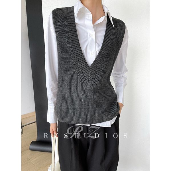 

cos style white v-neck sweater vt loose lazy pullover folding wool knitted vt women's autumn and winter, Black;white