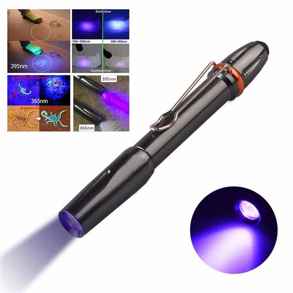 

flashlights torches om 365nm 395nm led uv penlight 3w ultra violet pen portable ultraviolet light with clip for money detect
